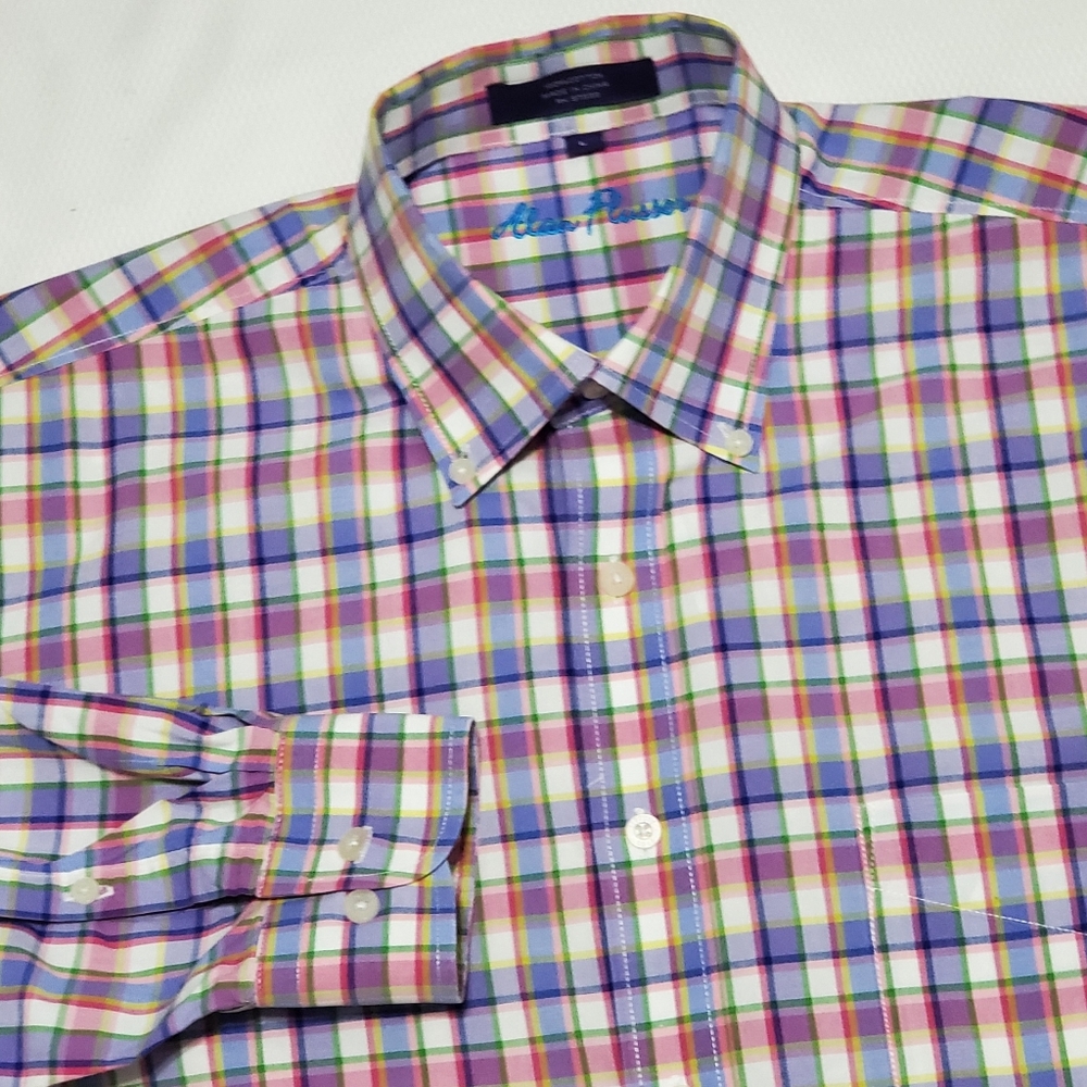 Alan Flusser Mens Long Sleeve Button Down Shirt Blue Pink Plaid Cotton Large